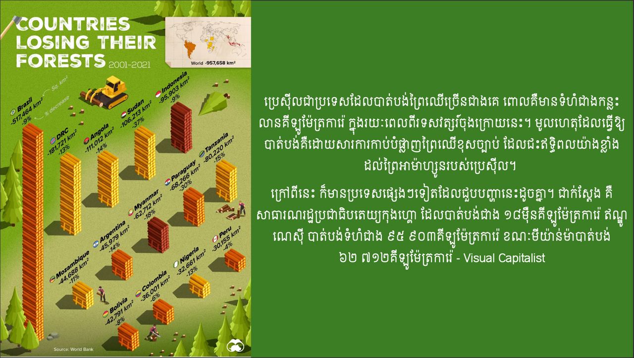 ទំហំនៃព្រៃឈើដែលត្រូវបាត់បង់ក្នុងប្រទេសនានា គិតចាប់ពីឆ្នាំ២០០១ ដល់២០២១